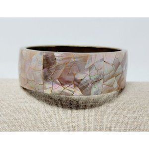 Vintage Brass & Pink Mother of Pearl shell bangle bracelet